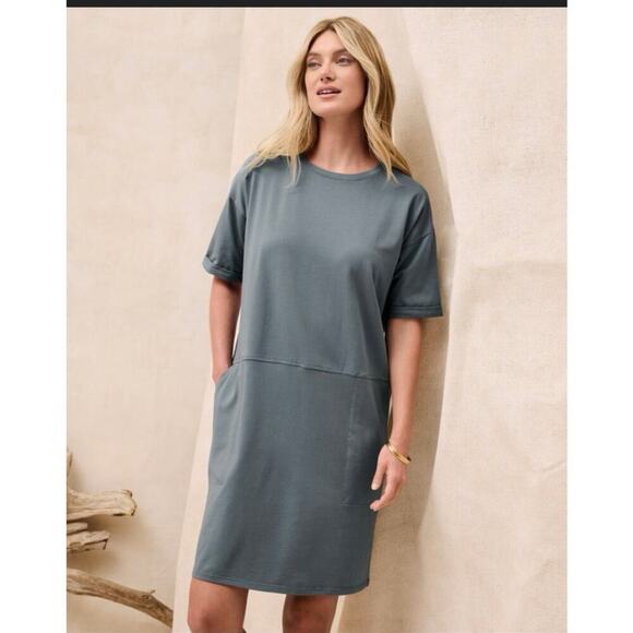 Eileen Fisher Organic Cotton Jersey Round-Neck Mini Dress in Marina - Picture 1 of 7